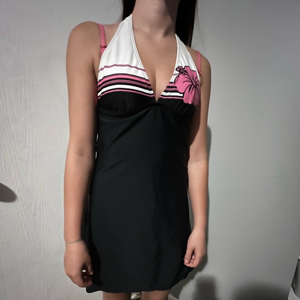 Black and White Halter swim dress with Pink Floral Accent